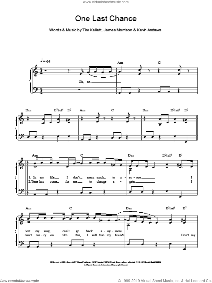 One Last Chance sheet music for piano solo by James Morrison, Kevin Andrews and Tim Kellett, easy skill level