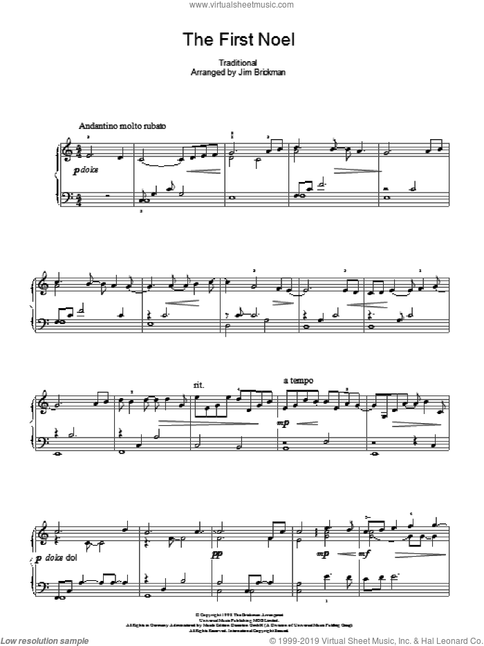 The First Noel sheet music for piano solo by Jim Brickman, intermediate skill level