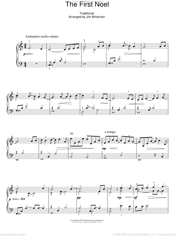 The First Noel sheet music for piano solo by Jim Brickman and Miscellaneous, intermediate skill level