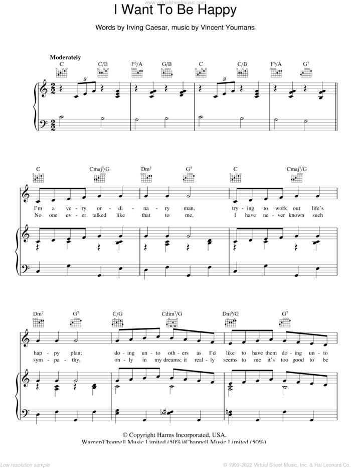 I Want To Be Happy sheet music for voice, piano or guitar by Vincent Youmans and Irving Caesar, intermediate skill level