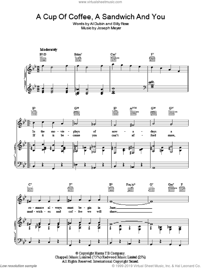 A Cup Of Coffee, A Sandwich And You sheet music for voice, piano or guitar by Joseph Meyer, Al Dubin and Billy Rose, intermediate skill level