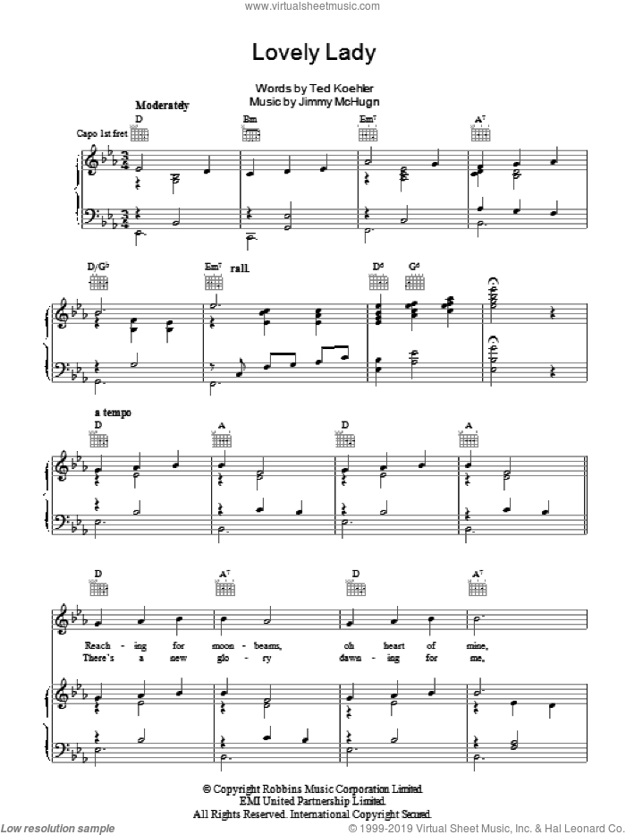 Lovely Lady sheet music for voice, piano or guitar by Jimmy McHugh and Ted Koehler, intermediate skill level