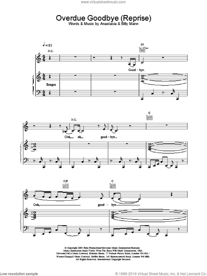 Overdue Goodbye (Reprise) sheet music for voice, piano or guitar by Anastacia and Billy Mann, intermediate skill level