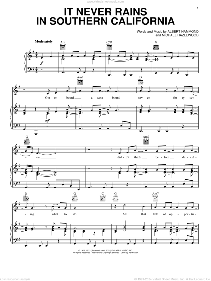 It Never Rains In Southern California sheet music for voice, piano or guitar by Albert Hammond and Michael Hazlewood, intermediate skill level