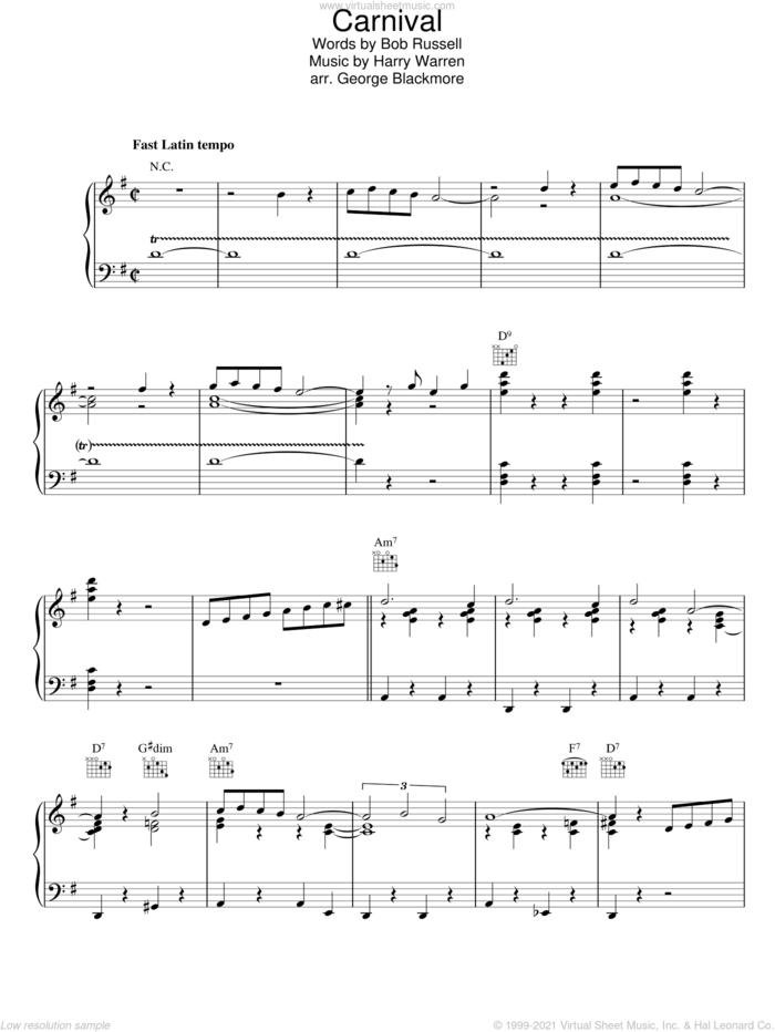 Carnival sheet music for piano solo by Harry Warren and Bob Russell, intermediate skill level