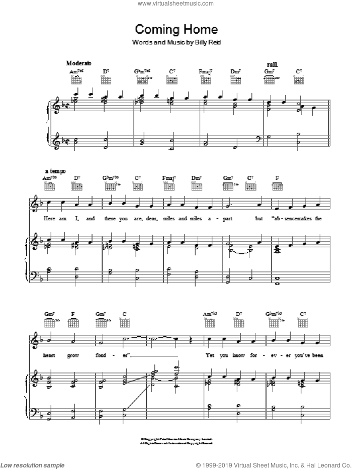 Coming Home sheet music for voice, piano or guitar by Billy Reid, intermediate skill level