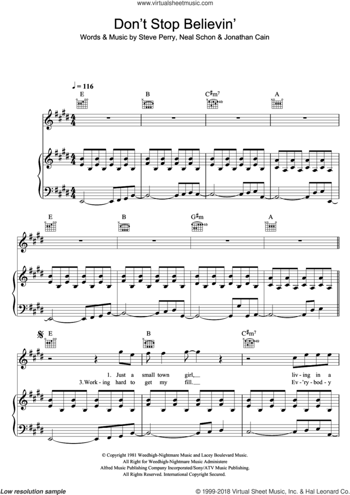 Don't Stop Believin' sheet music for voice, piano or guitar by Steve Perry, Glee Cast, Journey, Jonathan Cain and Neal Schon, intermediate skill level