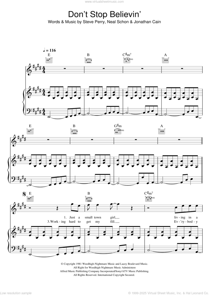 Don't Stop Believin' sheet music for voice, piano or guitar by Steve Perry, Glee Cast, Journey, Jonathan Cain and Neal Schon, intermediate skill level