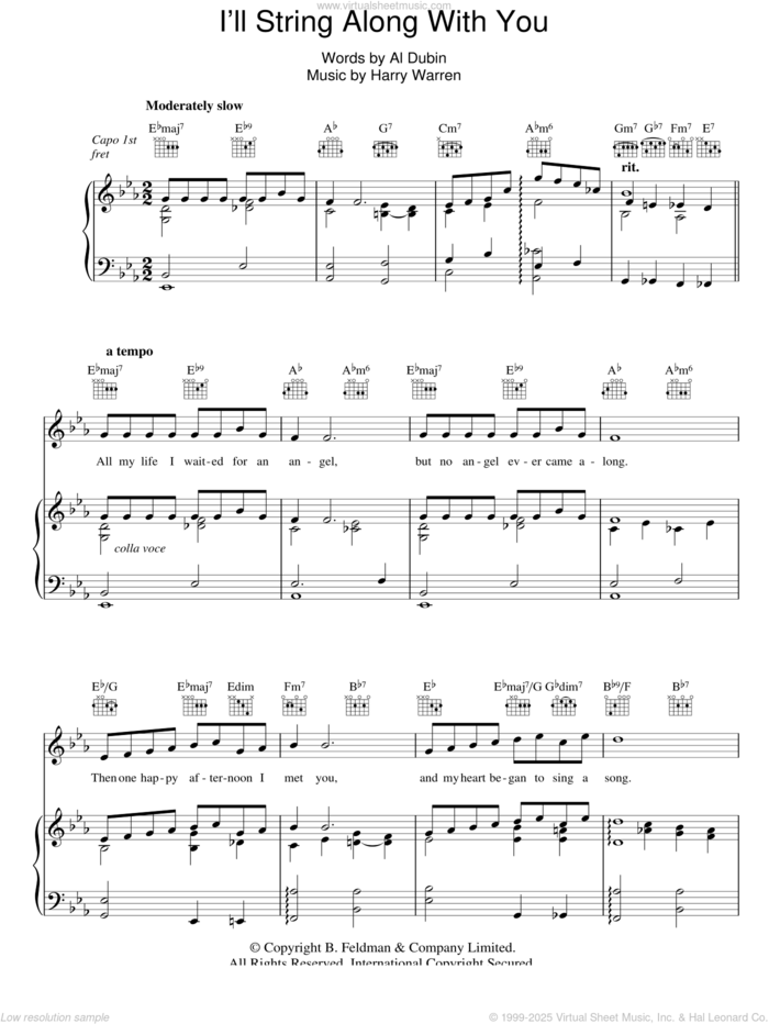 I'll String Along With You sheet music for voice, piano or guitar by Harry Warren and Al Dubin, intermediate skill level
