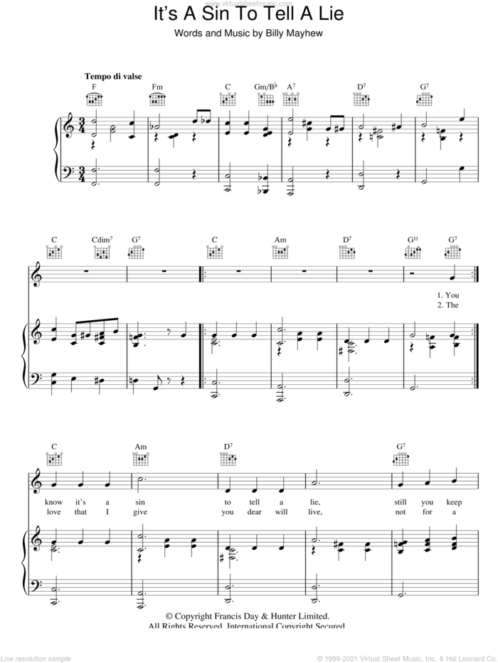 It's A Sin To Tell A Lie sheet music for voice, piano or guitar by Billy Mayhew, intermediate skill level