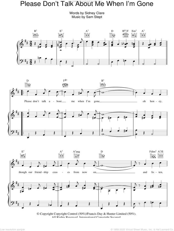 Please Don't Talk About Me When I'm Gone sheet music for voice, piano or guitar by Kay Starr, Sam Stept and Sidney Clare, intermediate skill level