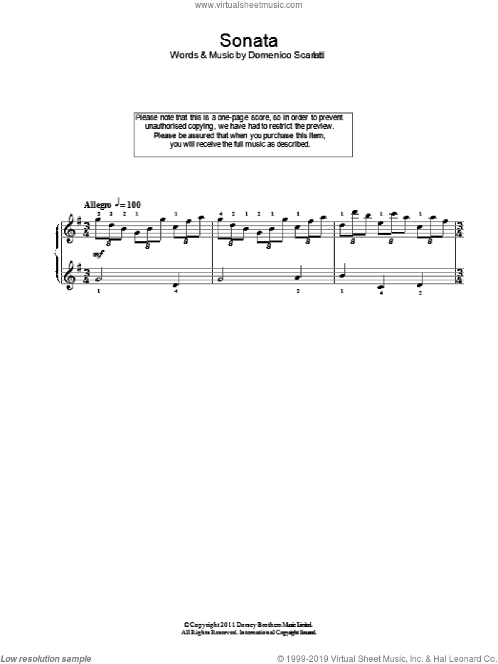 Sonata In G Major sheet music for piano solo by Domenico Scarlatti, classical score, intermediate skill level