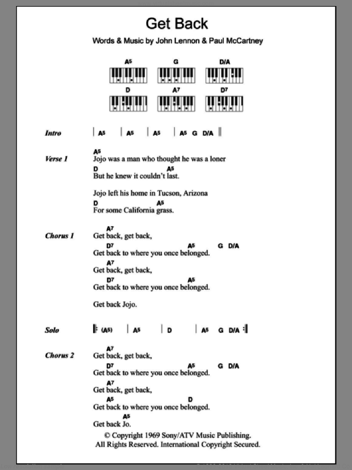 Get Back sheet music for piano solo (chords, lyrics, melody) by The Beatles, John Lennon and Paul McCartney, intermediate piano (chords, lyrics, melody)