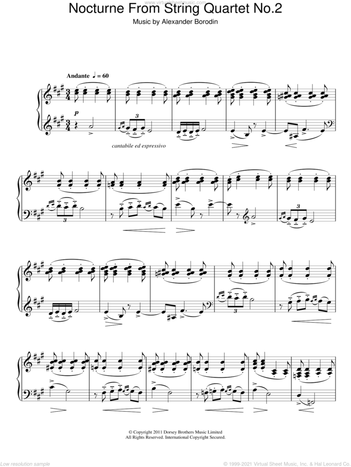 Nocturne From String Quartet No.2 sheet music for piano solo by Alexander Borodin, classical score, intermediate skill level