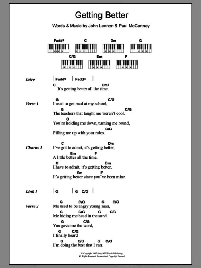 Getting Better sheet music for piano solo (chords, lyrics, melody) by The Beatles, John Lennon and Paul McCartney, intermediate piano (chords, lyrics, melody)