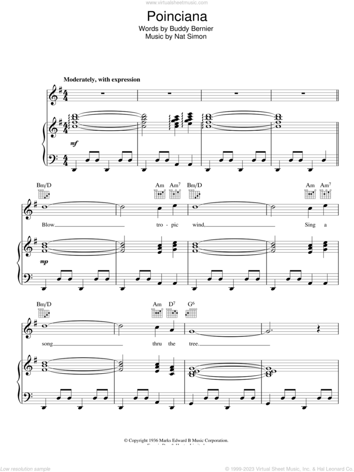 Poinciana sheet music for voice, piano or guitar by Nat King Cole, Buddy Bernier and Nat Simon, intermediate skill level