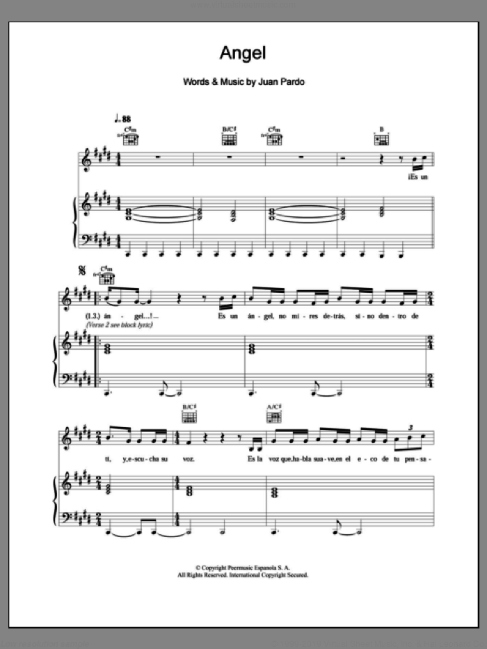 Angel sheet music for voice, piano or guitar by Juan Pardo, intermediate skill level