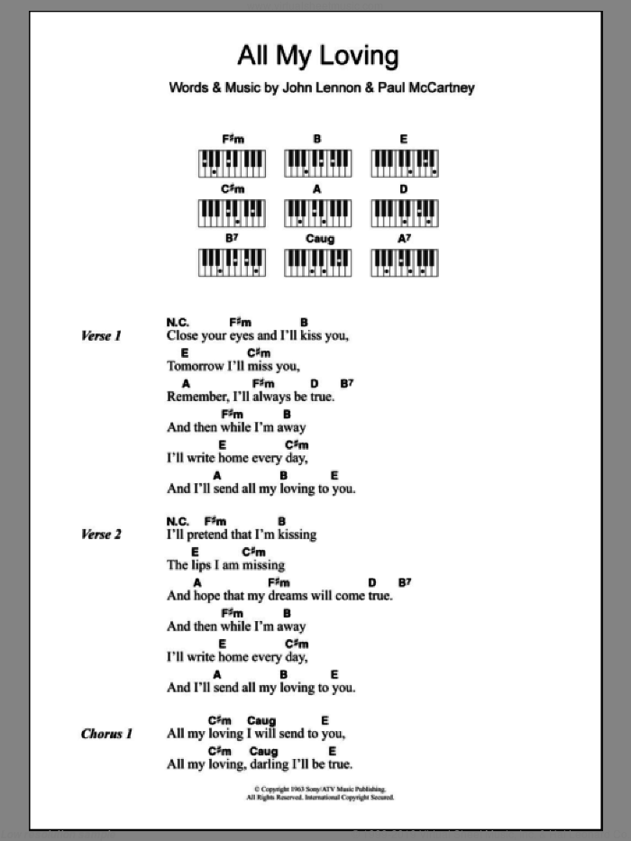 All My Loving sheet music for piano solo (chords, lyrics, melody) by The Beatles, John Lennon and Paul McCartney, intermediate piano (chords, lyrics, melody)