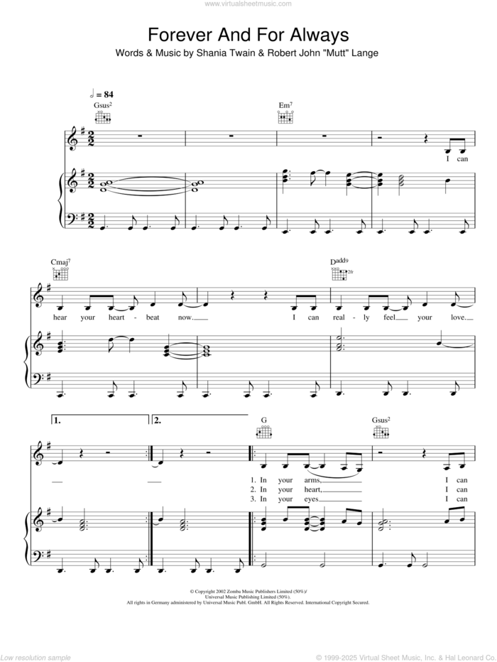 Forever And For Always sheet music for voice, piano or guitar by Shania Twain and Robert John Lange, intermediate skill level