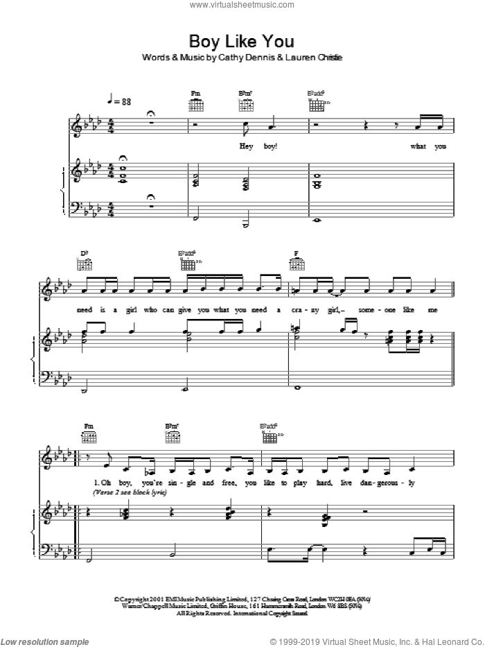 Boy Like You sheet music for voice, piano or guitar by Cathy Dennis, S Club 7 and Lauren Christie, intermediate skill level