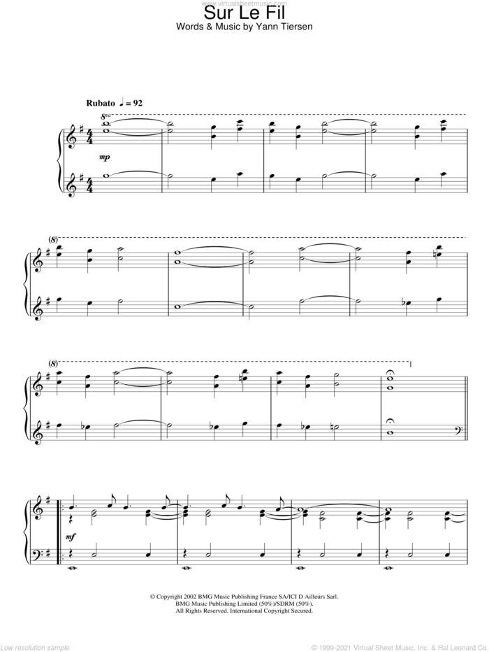 Sur Le Fil, (intermediate) sheet music for piano solo by Yann Tiersen, intermediate skill level