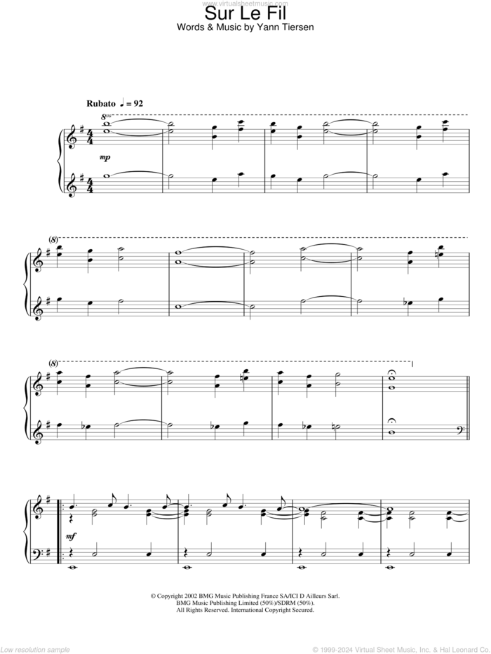 Sur Le Fil, (intermediate) sheet music for piano solo by Yann Tiersen, intermediate skill level