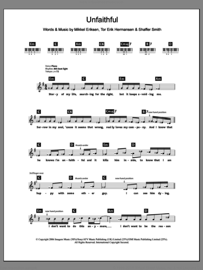 Unfaithful sheet music for piano solo (chords, lyrics, melody) by Rihanna, Mikkel Eriksen, Shaffer Smith and Tor Erik Hermansen, intermediate piano (chords, lyrics, melody)
