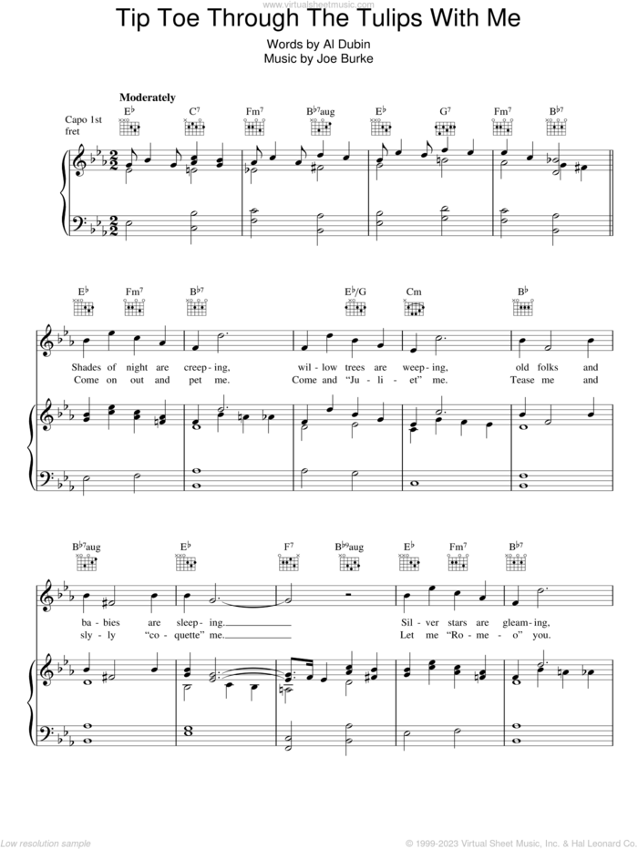 Tip-Toe Thru' The Tulips With Me sheet music for voice, piano or guitar by Tiny Tim, Al Dubin and Joe Burke, intermediate skill level