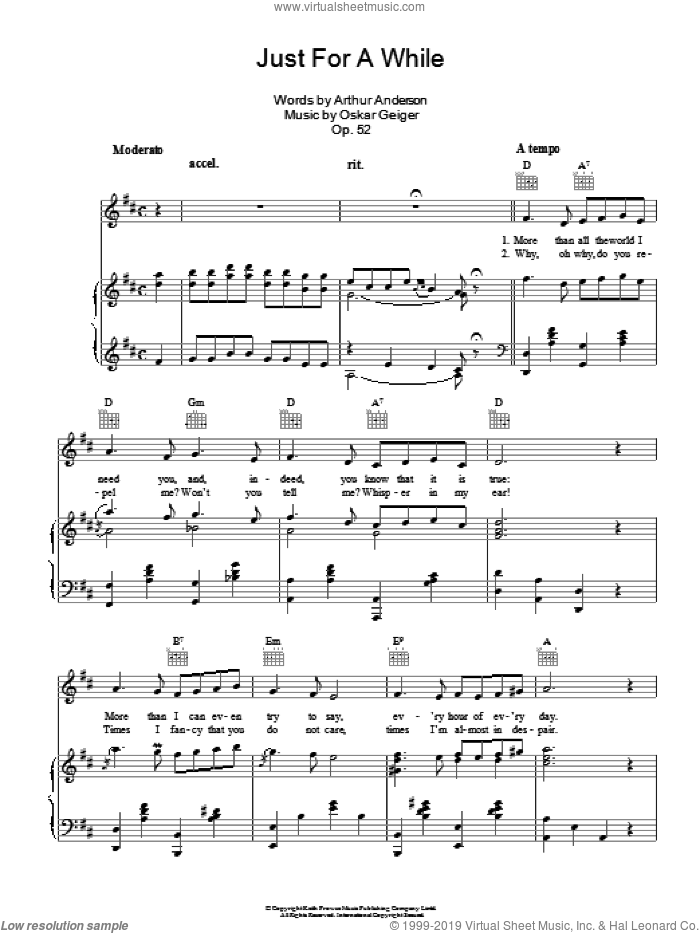 Just For A While sheet music for voice, piano or guitar by Oskar Geiger and Loebel Rillo, intermediate skill level
