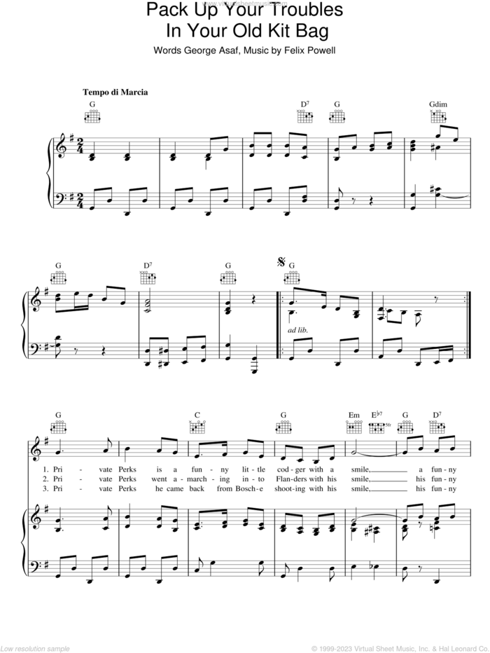 Pack Up Your Troubles (In Your Old Kit Bag) sheet music for voice, piano or guitar by Felix Powell and George Asef, intermediate skill level