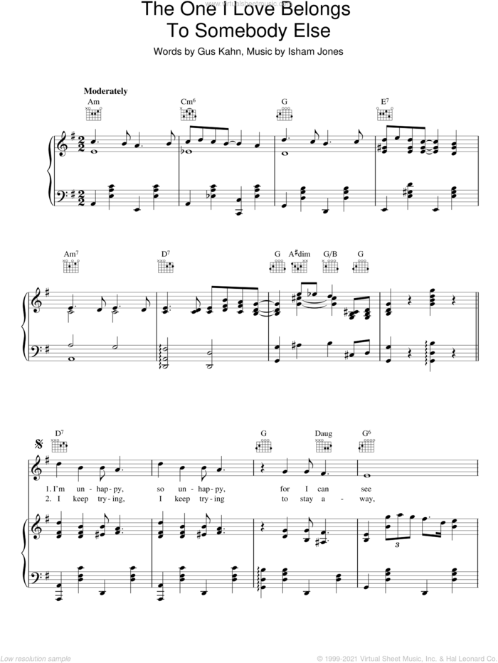 The One I Love Belongs To Somebody Else sheet music for voice, piano or guitar by Frank Sinatra, Gus Kahn and Isham Jones, intermediate skill level