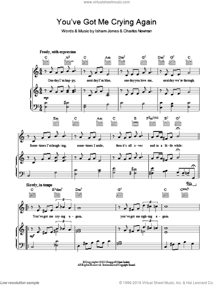 You've Got Me Crying Again sheet music for voice, piano or guitar by Bing Crosby, Charles Newman and Isham Jones, intermediate skill level