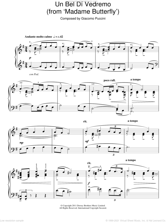 Un Bel Di Vedremo sheet music for piano solo by Giacomo Puccini, classical score, intermediate skill level