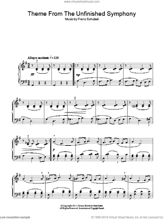 The Unfinished Symphony (Theme), (intermediate) sheet music for piano solo by Franz Schubert, classical score, intermediate skill level