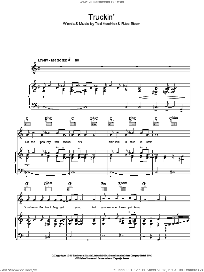 Truckin' sheet music for voice, piano or guitar by Ted Koehler, Thomas Waller and Rube Bloom, intermediate skill level