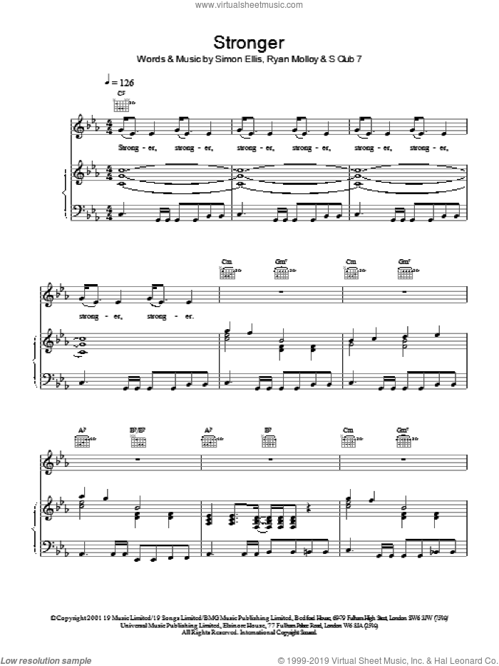 Stronger sheet music for voice, piano or guitar by S Club 7, Ryan Molloy and Simon Ellis, intermediate skill level