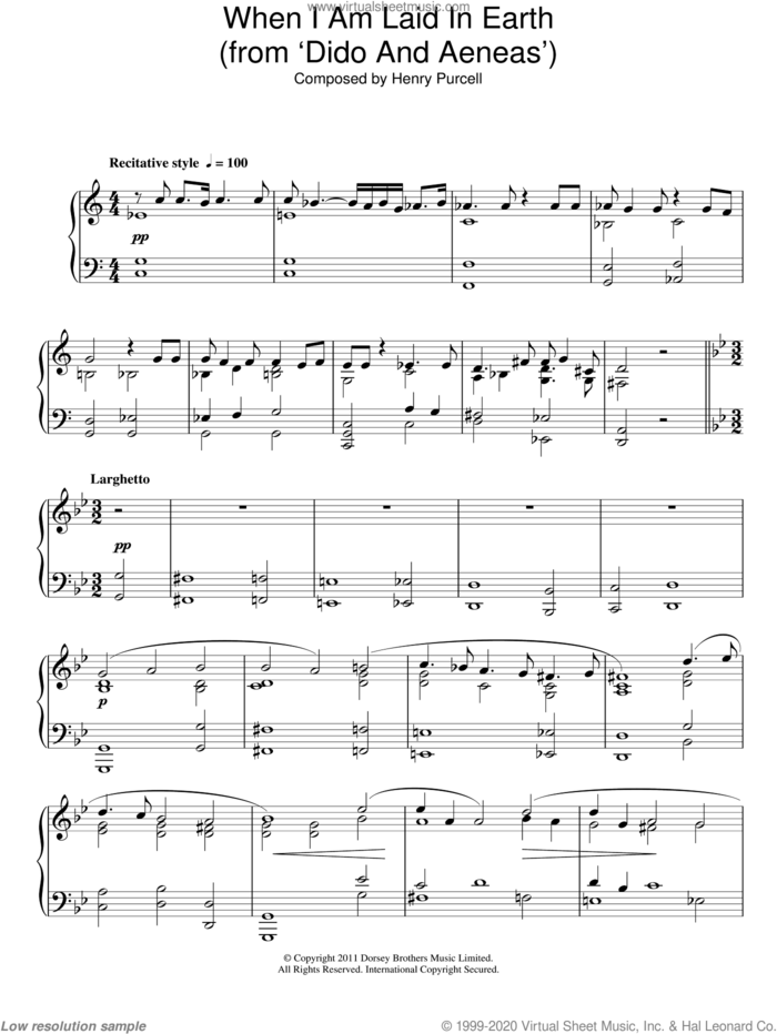 When I Am Laid In Earth sheet music for piano solo by Henry Purcell, classical score, intermediate skill level