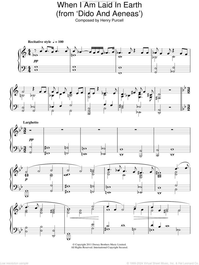 When I Am Laid In Earth sheet music for piano solo by Henry Purcell, classical score, intermediate skill level