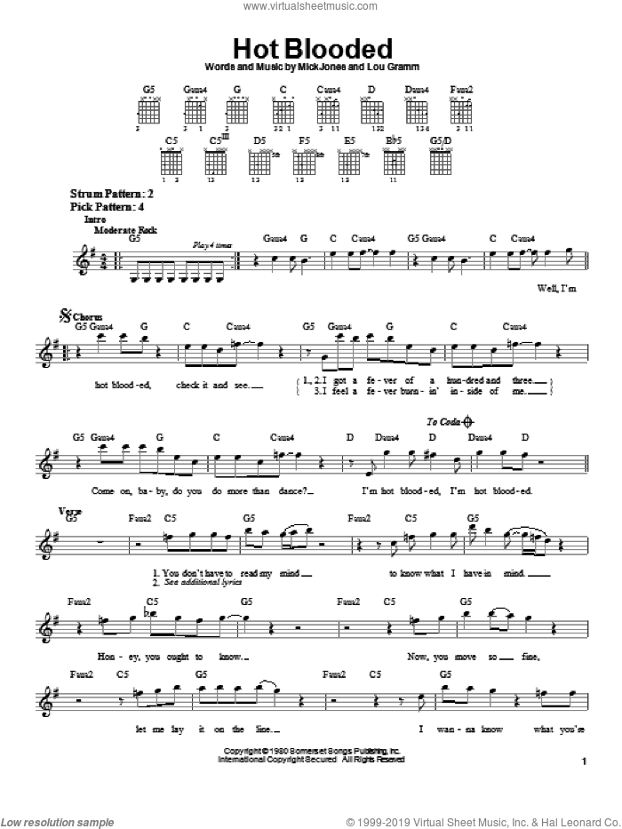Hot Blooded sheet music for guitar solo (chords) by Foreigner, Lou Gramm and Mick Jones, easy guitar (chords)