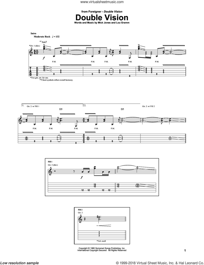 Double Vision sheet music for guitar (tablature) by Foreigner, Lou Gramm and Mick Jones, intermediate skill level