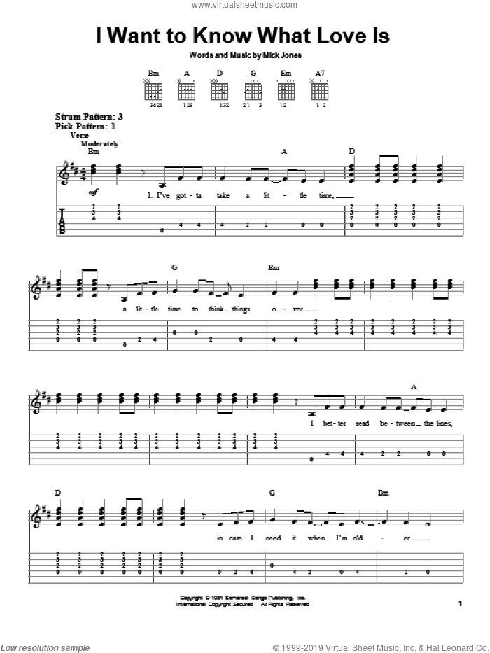 I Want To Know What Love Is sheet music for guitar solo (easy tablature) by Foreigner and Mick Jones, easy guitar (easy tablature)