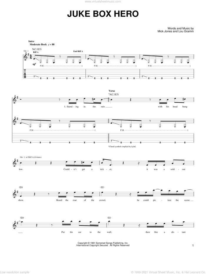Juke Box Hero sheet music for guitar solo (chords) by Foreigner, Lou Gramm and Mick Jones, easy guitar (chords)