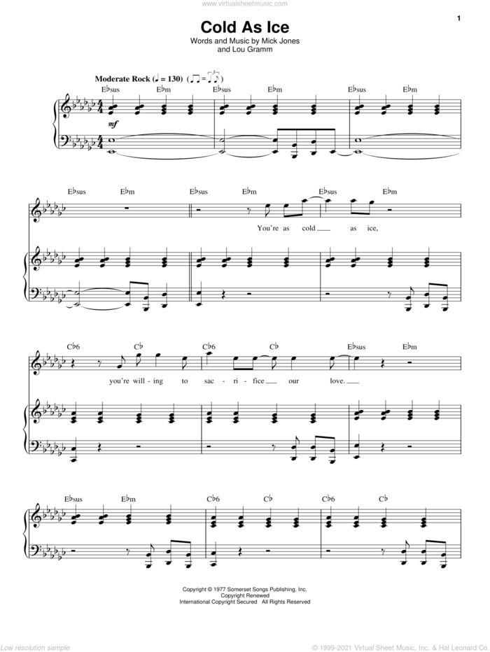 Cold As Ice sheet music for voice and piano by Foreigner, Lou Gramm and Mick Jones, intermediate skill level