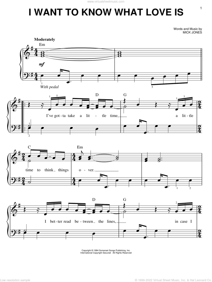 I Want To Know What Love Is sheet music for piano solo by Foreigner and Mick Jones, easy skill level