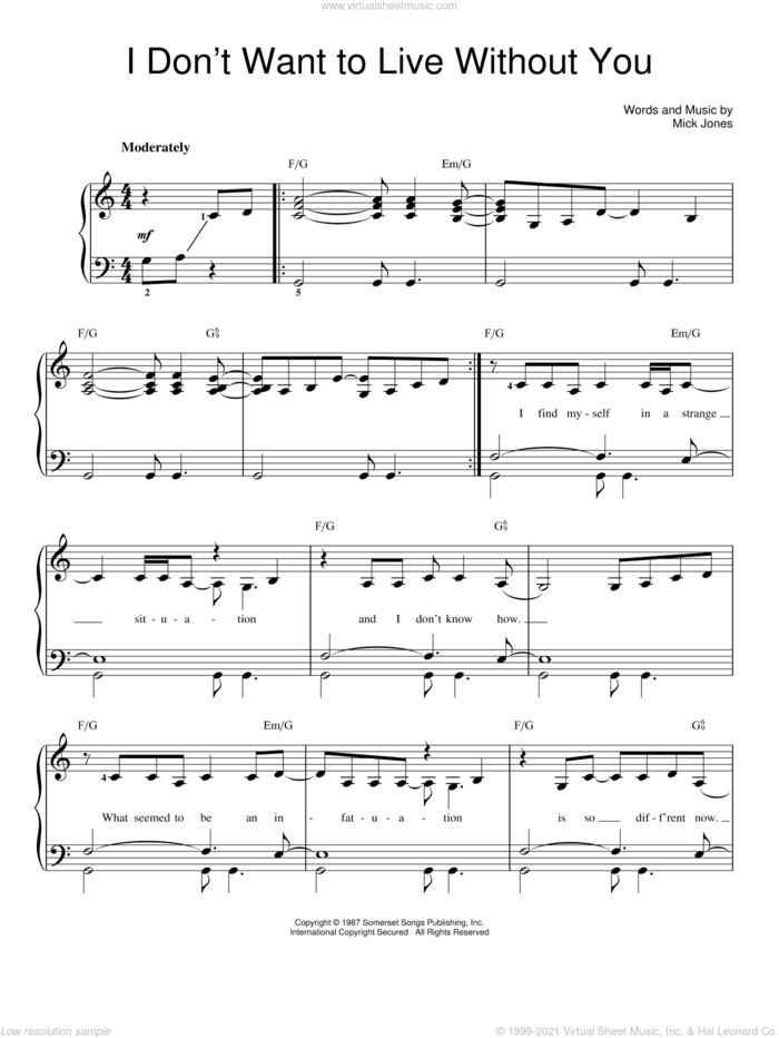 I Don't Want To Live Without You sheet music for piano solo by Foreigner and Mick Jones, easy skill level
