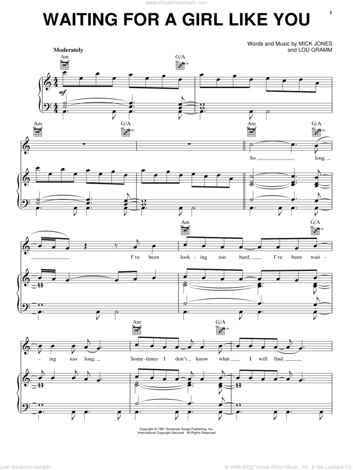 Waiting For A Girl Like You sheet music for voice, piano or guitar by Foreigner, Lou Gramm and Mick Jones, intermediate skill level