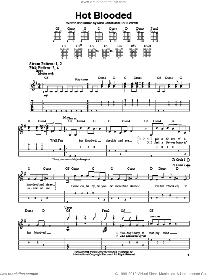 Hot Blooded sheet music for guitar solo (easy tablature) by Foreigner, Lou Gramm and Mick Jones, easy guitar (easy tablature)