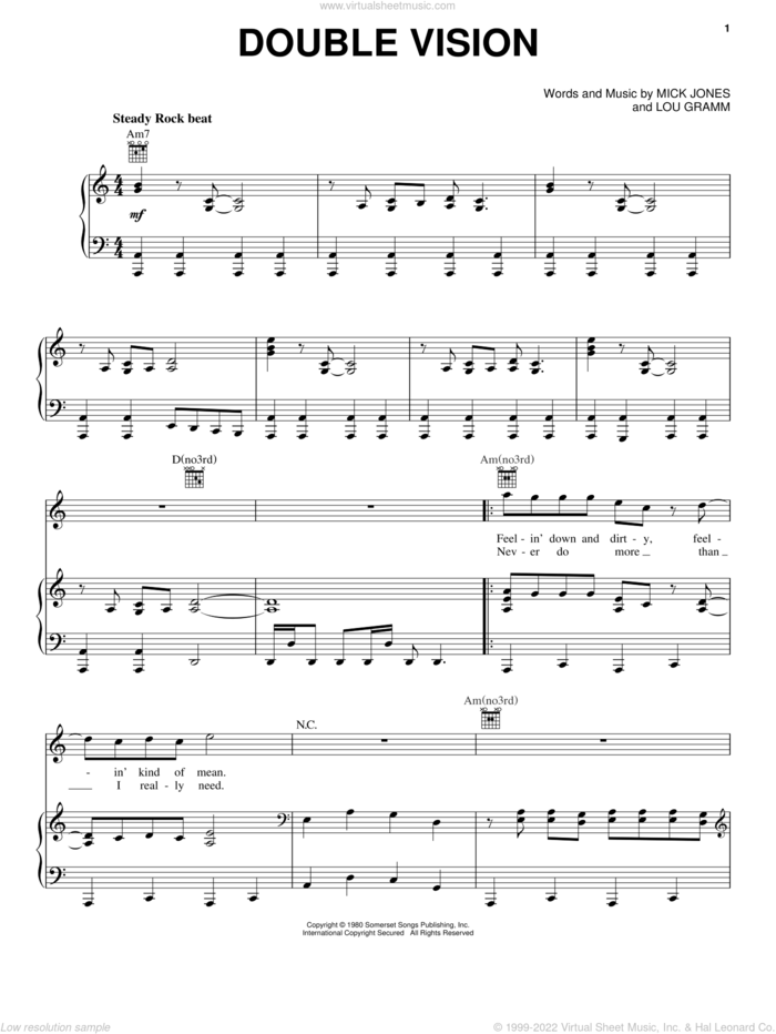Double Vision sheet music for voice, piano or guitar by Foreigner, Lou Gramm and Mick Jones, intermediate skill level