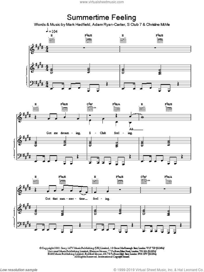 Summertime Feeling sheet music for voice, piano or guitar by S Club 7, Adam Ryan-Carter and Mark Hadfield, intermediate skill level