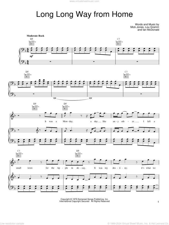 Long Long Way From Home sheet music for voice, piano or guitar by Foreigner, Ian McDonald, Lou Gramm and Mick Jones, intermediate skill level